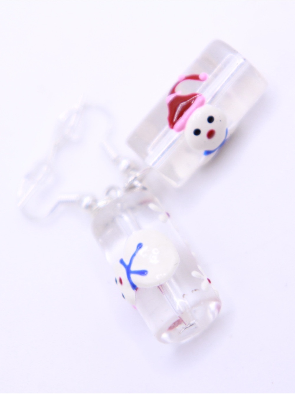 Clear Glass Christmas Snowman Dangle Earrings with Pink & Blue Enamel Accents
